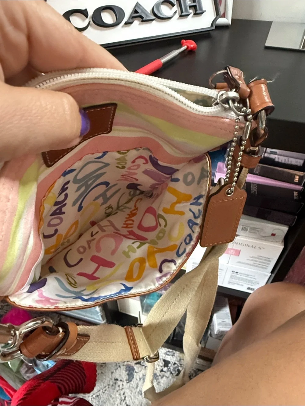 Coach Hampton Pastel Striped Canvas Crossbody Bag With A Playful Interior